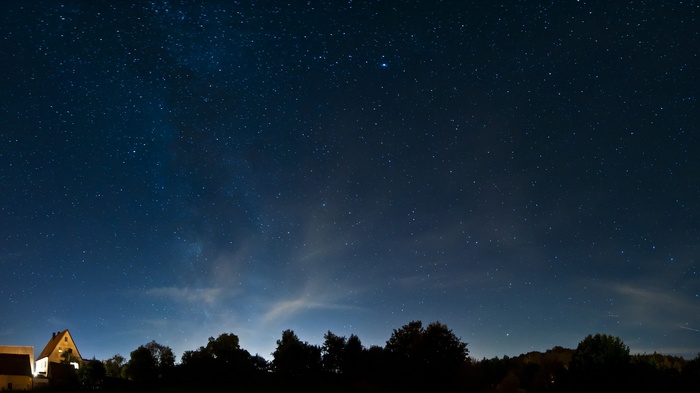Starry night sky over silhouetted trees and houses