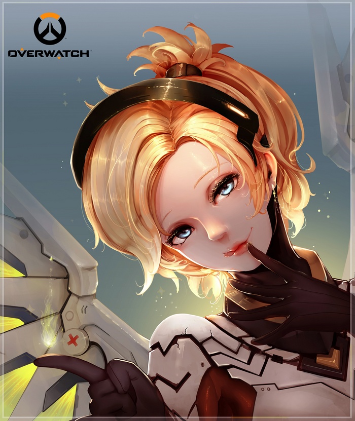 Mercy from Overwatch with blonde hair and blue eyes