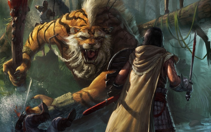 Warrior fights a tiger in a jungle