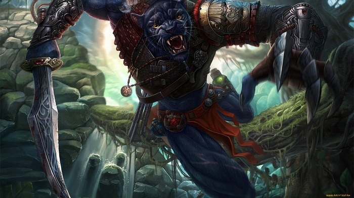 Armored anthropomorphic jaguar warrior with swords in jungle