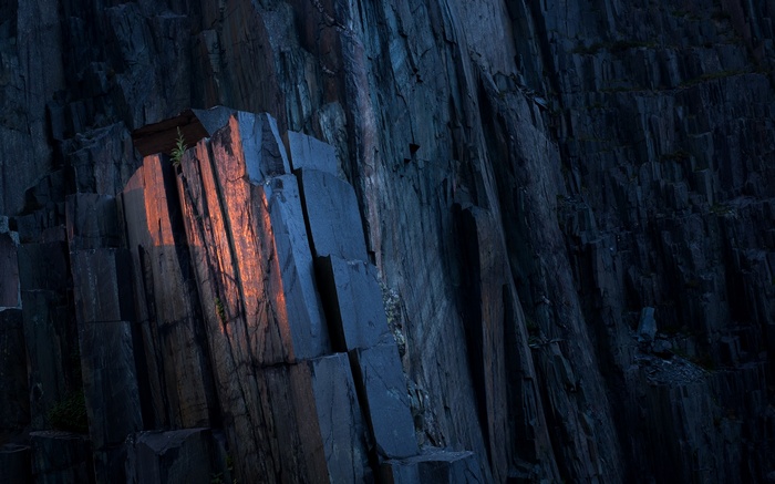 Sunlight on dark basalt columns