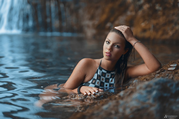 women outdoors, face, brunette, portrait, wet body, Agelos Tzitzifopoulos, bikini, women, tanned, wet hair, wet