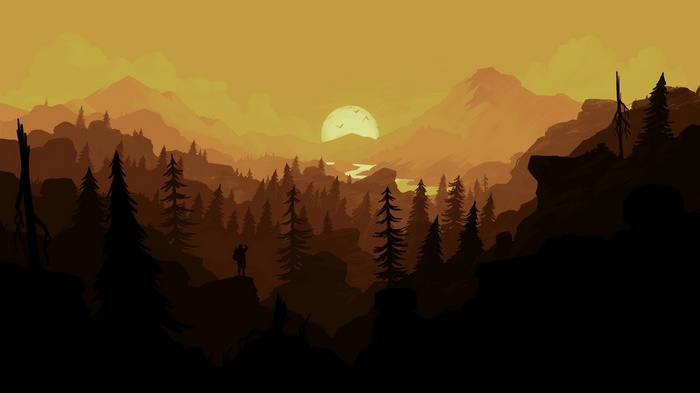 Firewatch: Hiker in a forest at sunset
