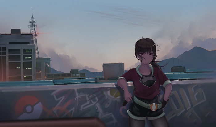 Anime girl with Pokemon Go graffiti on a rooftop