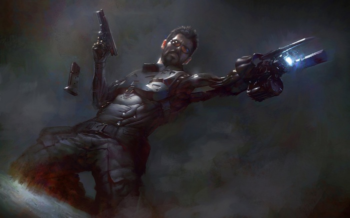 Adam Jensen with cybernetic arm and gun