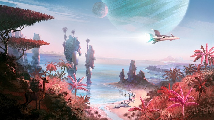 No Man's Sky alien planet with spaceship and creatures