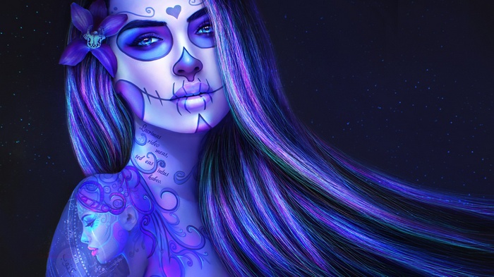 Woman with Day of the Dead makeup and purple hair