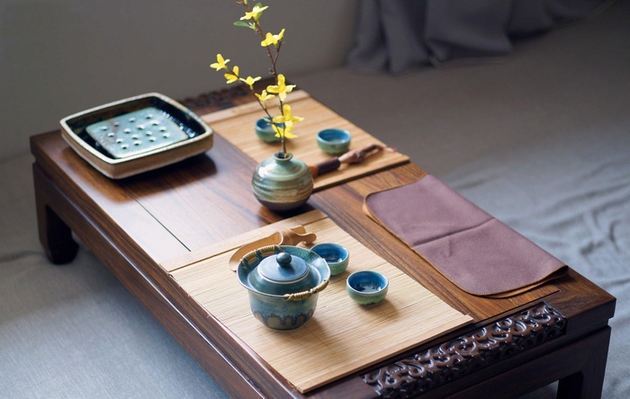 Chinese tea set on a wooden table