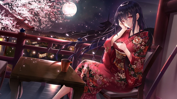 Anime girl in kimono under the moon
