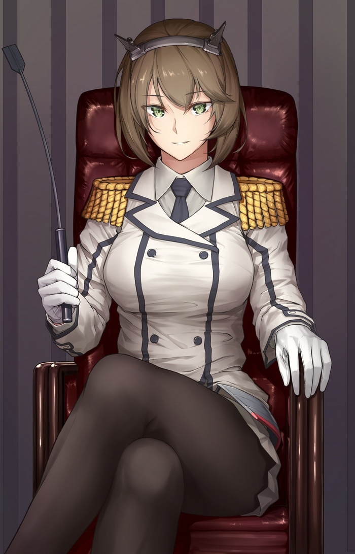 Mutsu from Kantai Collection sitting in a chair holding a whip