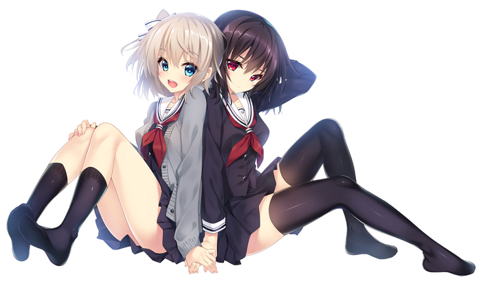 Two anime girls in school uniforms sitting back to back
