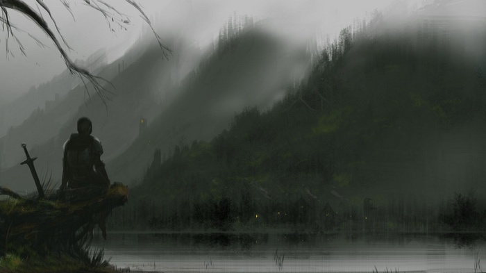 Knight sitting by a lake with a sword