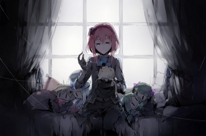 Girl with pink hair and dolls by the window