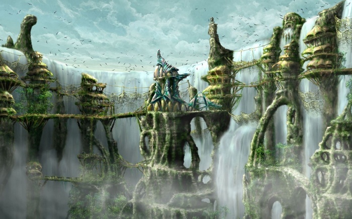 Fantasy city built into waterfalls with bridges