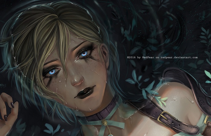 Fantasy art of a crying woman with blue eyes