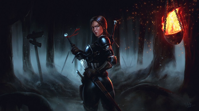 Warrior woman with swords in a dark forest