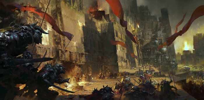 Fantasy warriors attacking a besieged city