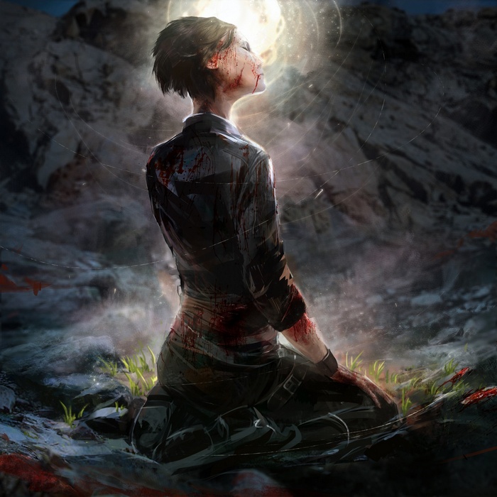 Fantasy art of a bloody woman kneeling under moonlight