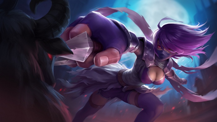 Fantasy warrior with purple hair and a horned creature