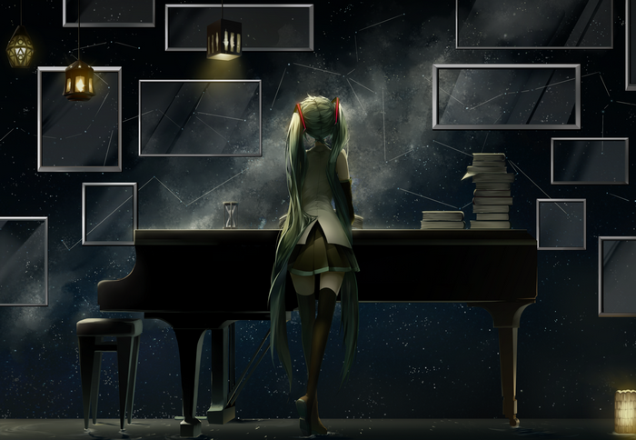 Hatsune Miku standing by a grand piano with books