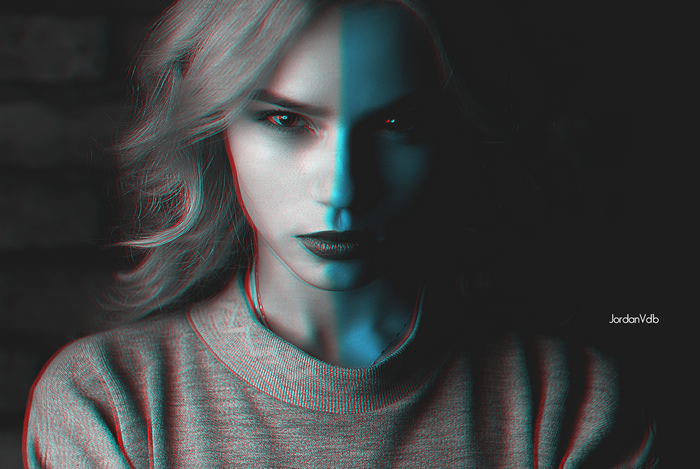 Woman with 3D effect and blue light