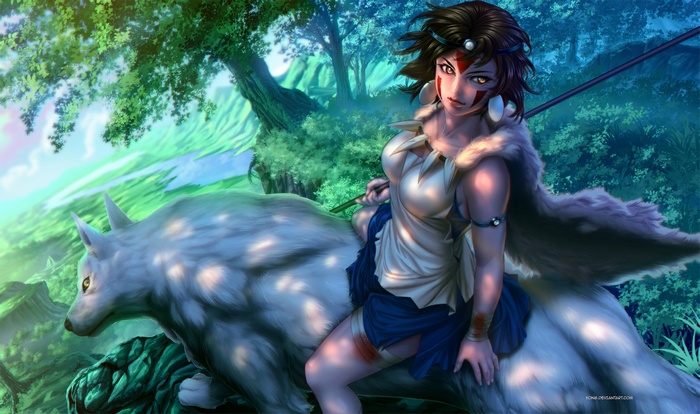 Princess Mononoke and wolf in a forest