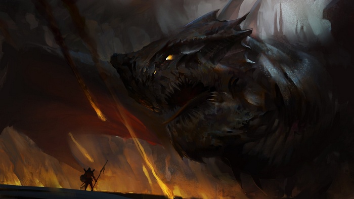 A knight faces a giant dragon in a fiery landscape