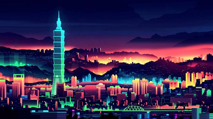 Retro neon cityscape with Taipei 101 skyscraper