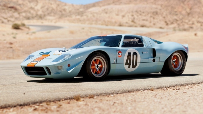 Ford GT40 Gulf race car on a desert road