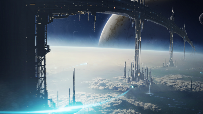 Sci-fi space station above a planet with cities