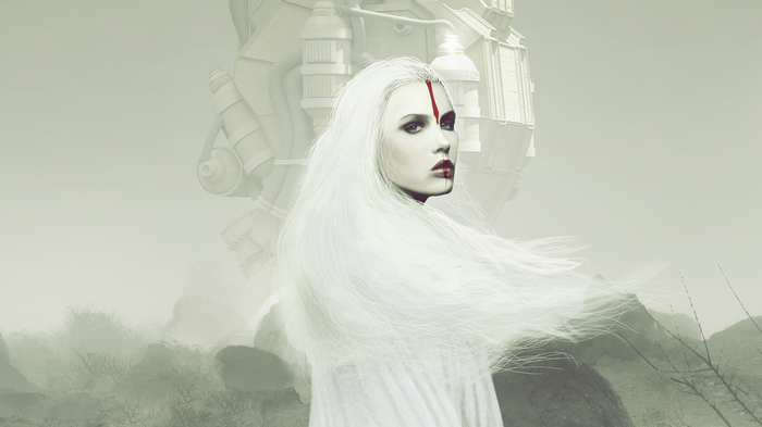 Woman with white hair and red mark on face