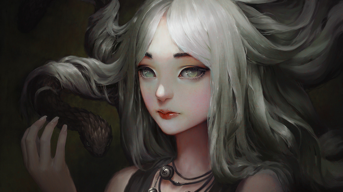 Medusa with snakes and white hair