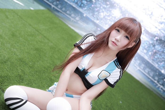 sitting, brown eyes, auburn hair, portrait, Ji Xin Qiao, pigtails, women, long hair, looking at viewer, Asian, cleavage