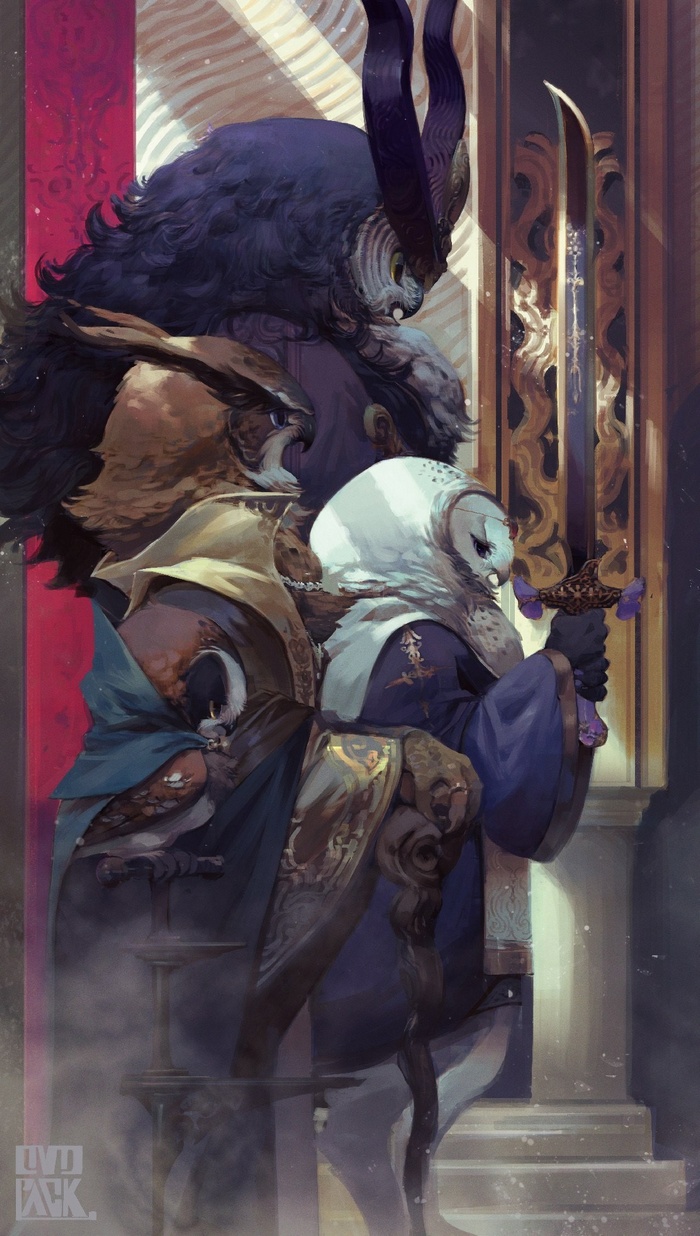 Anthro owls with horns and a sword