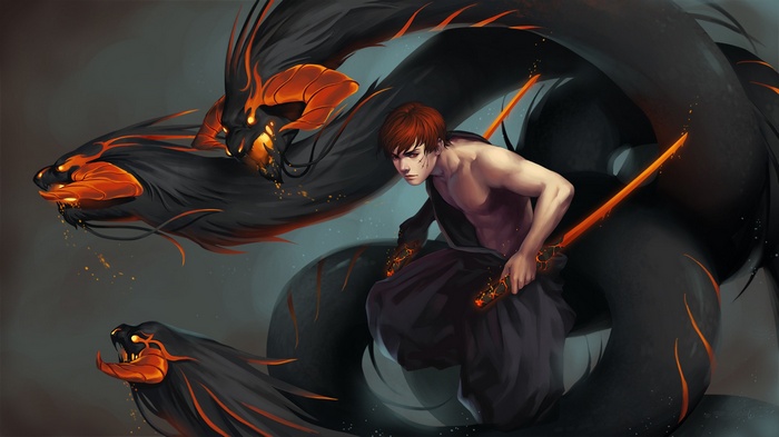 Warrior with flaming swords fighting dragons
