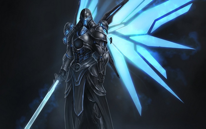 wingsuit, futuristic armor, armor, robot, wings, warrior, sword, digital art