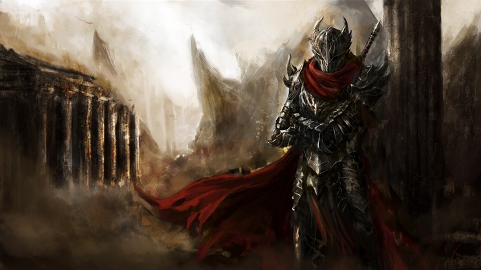 Warrior in dark armor with red cloak