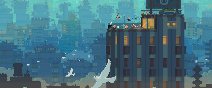 Pixel art cityscape with people on a rooftop