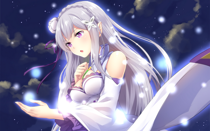 Emilia from Re:Zero with glowing orbs in the night sky