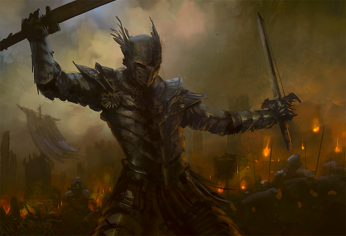 Fantasy warrior in armor with swords on battlefield