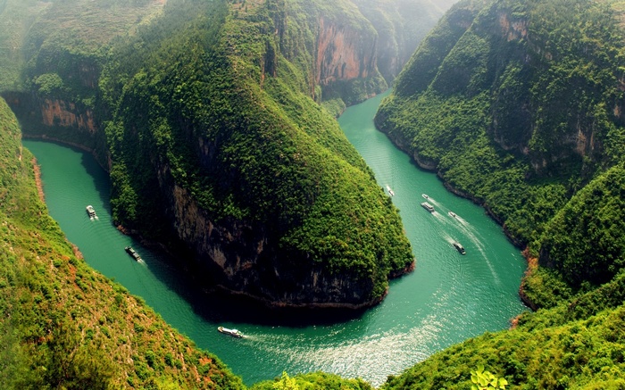 mountains birds eye view reflection landscape nature river hairpin turns sunlight China trees ship aerial view forest hills