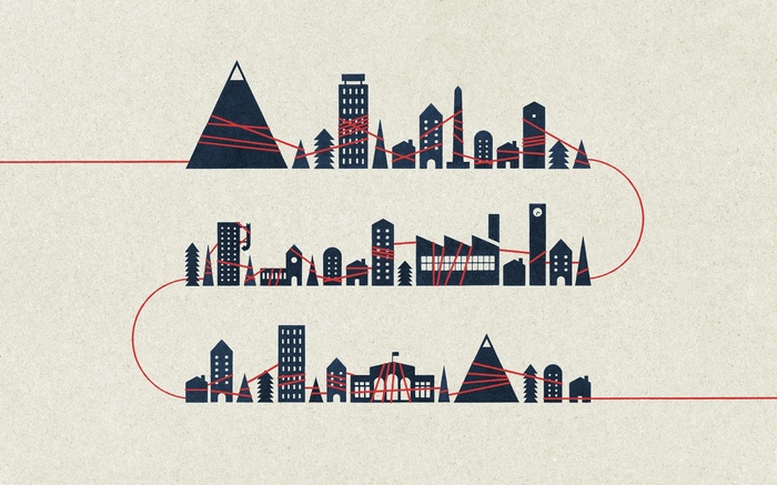 Minimalist cityscape with red string connections