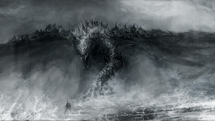 Monochrome artwork of a dragon in the sea