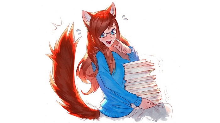 Anime girl with fox ears holding a stack of books