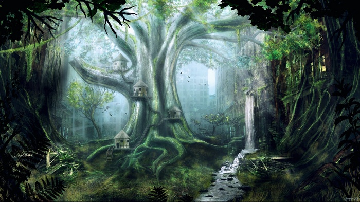 Apocalyptic forest with ruins and a waterfall
