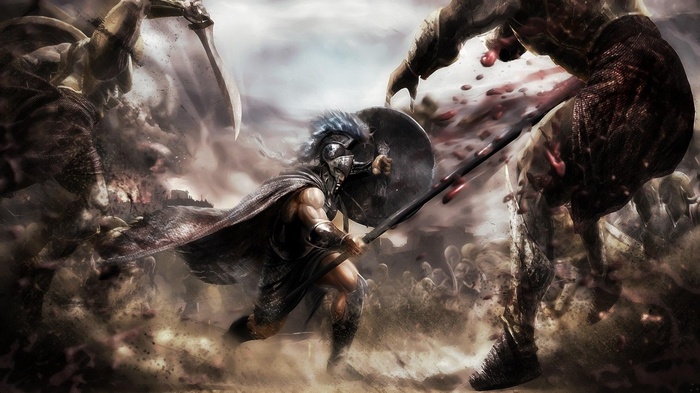 Spartan warrior in battle with monsters