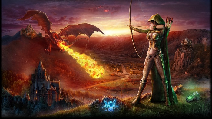 Fire dragon, castle, artwork, fantasy art, war, armor, video games, archer, Stormfall: Age of War, fire