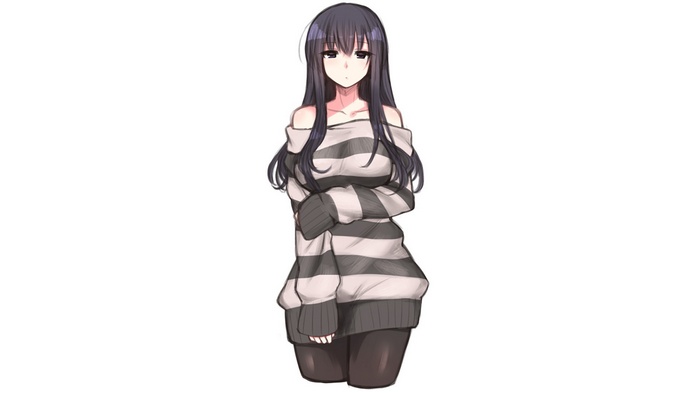 looking at viewer, anime girls, sweater, black hair