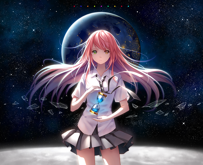 Anime girl with pink hair holding an hourglass in space