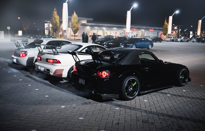 Honda Integra Type R, Subaru WRX, and Honda S2000 at night